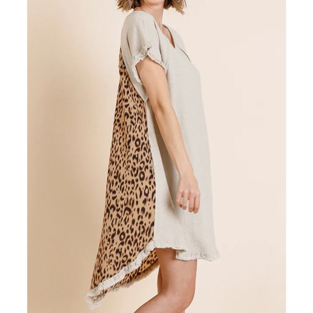 Umgee Women's Linen Flipped Cheetah Animal Print Hi-Lo Shift Dress Size S